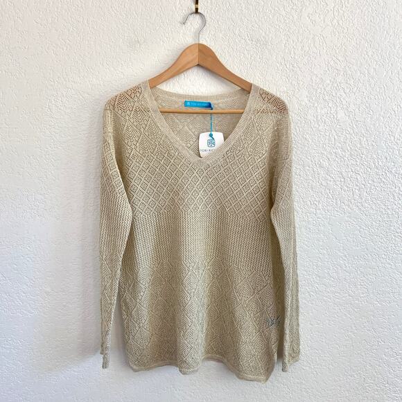 Tori Richard Metallic Gold Linen Blend Open Knit Tunic Sweater Small NWT - Picture 1 of 8